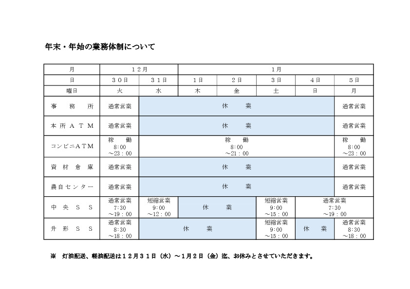 R７年度 年末・年始の業務体制について